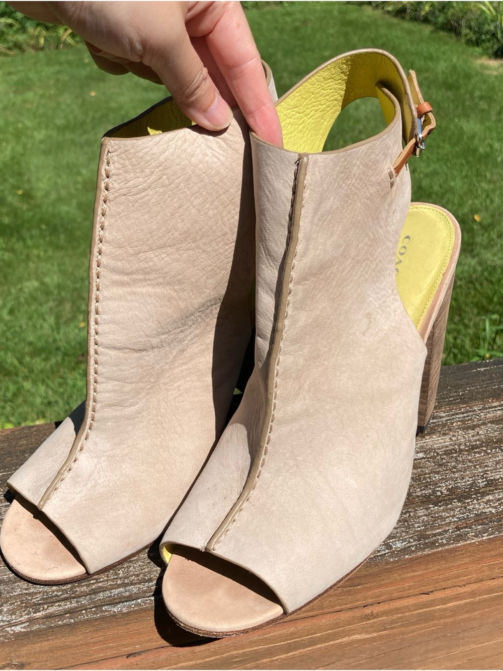Coach Saratoga Tan Leather Peep Toe Cutout Bootie Heels Size 11B